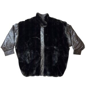 VTG Sutton Place Classic Men Leather/ Fur removable sleeves snap buttons Size 12